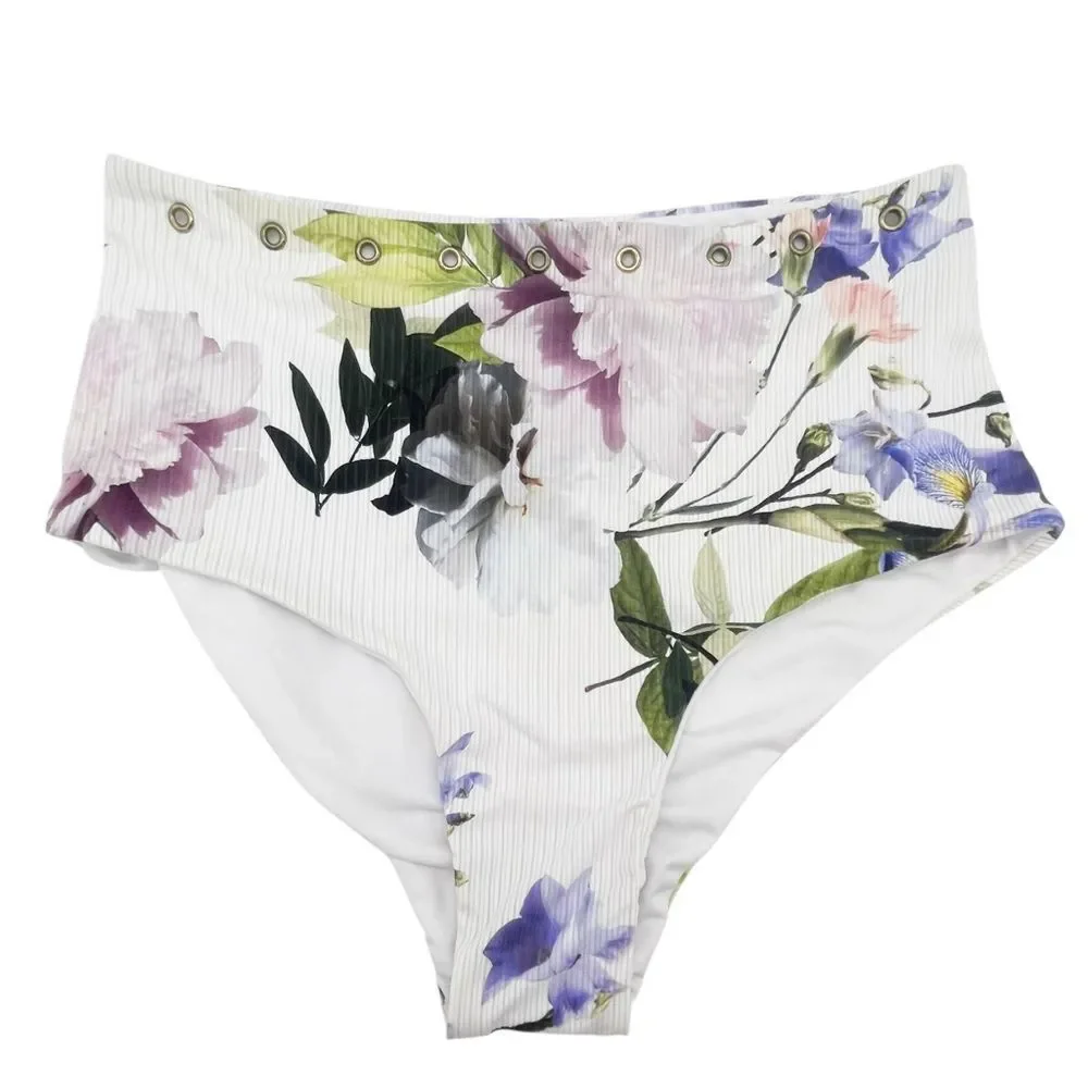 NWT TiniBikini Floral Ribbed Bikini Set S/M Eyelet Detail Swim White Lavender